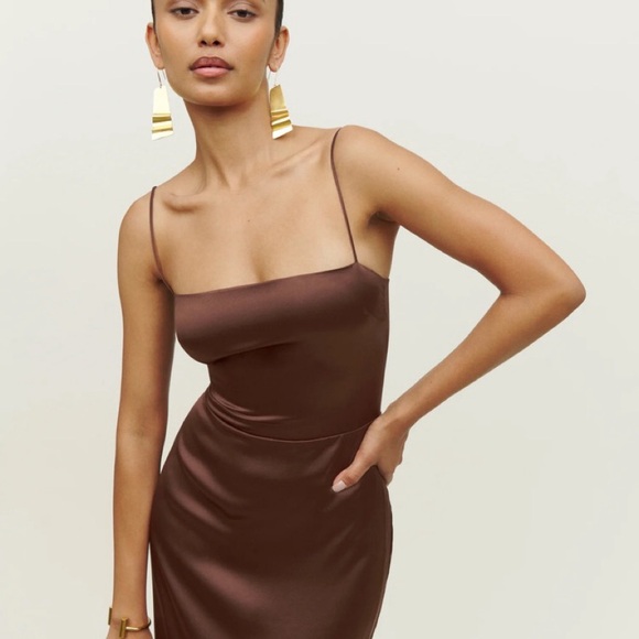Reformation Frankie Brown Satin Spaghetti-Strap Maxi Dress - Picture 2 of 6